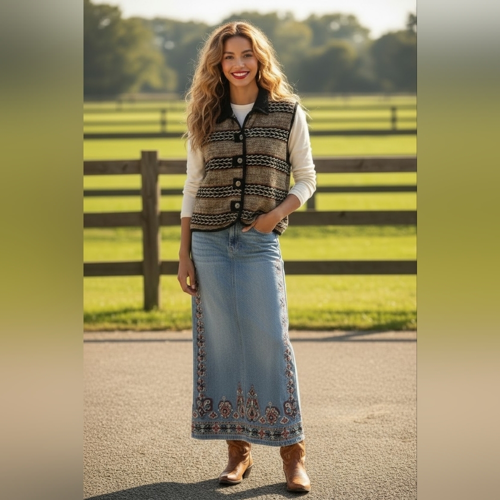 New Directions Vintage Boho Sweater Vest Aztec Western Fair Isle Knit Size L